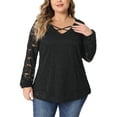 thumbnail image 2 of Unique Bargains Women's Plus Size Lace Blouse Sheer Elastic Cuff Layer Cross V Neck Tops 2X Black, 2 of 6