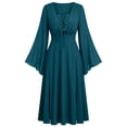 thumbnail image 2 of Otvok Lace Up Gothic Midi Dress Women, Flare Long Sleeve V Neck Dress, Drawstring Waist Split Hem Vintage Halloween Casual Dress, 2 of 6