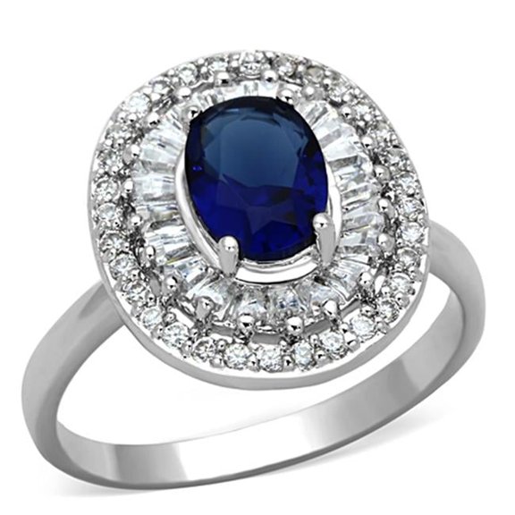 Alamode 3W495-5 Women Rhodium Brass Ring with Synthetic in Sapphire - Size 5