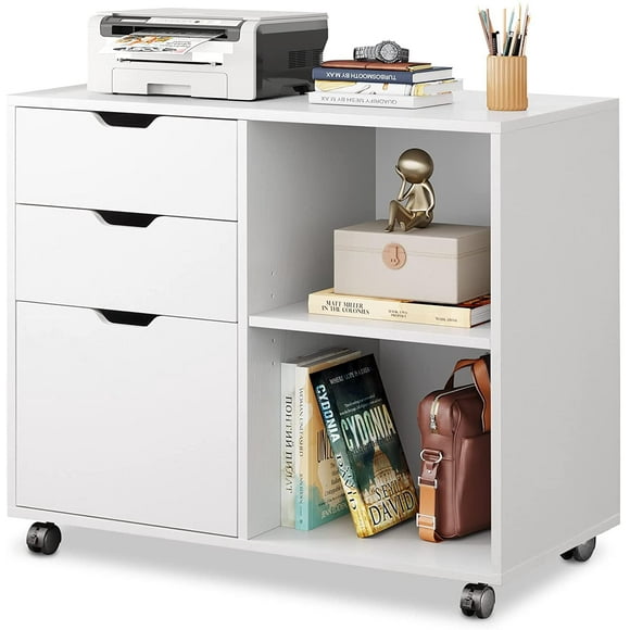 Zocalo Archivero De Madera Con 3 Cajones, Ruedas Y Estantes, Muebles Archiveros Para Oficina Color Blanco
