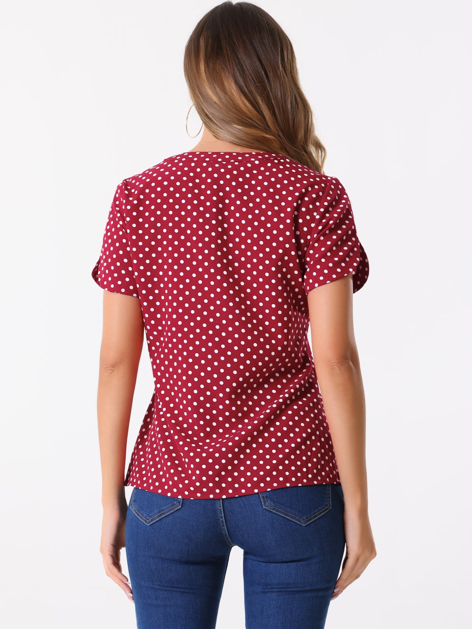 DARING DIVA V Neck Dots Printed Work Office Blouse Top S Red