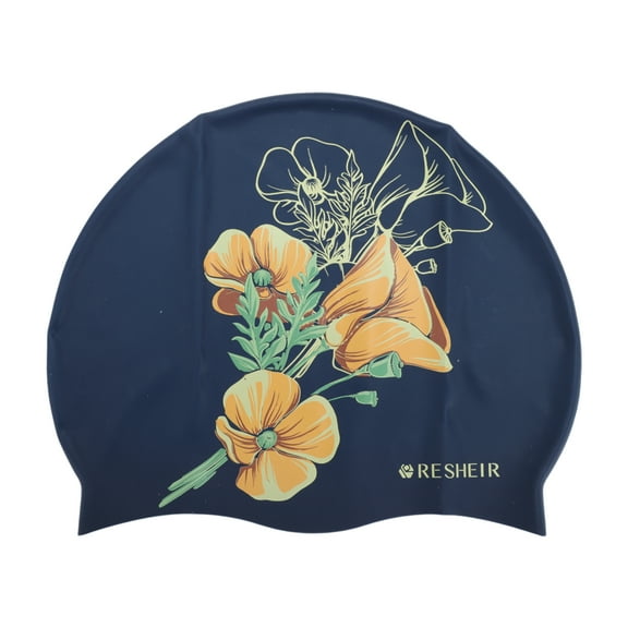 Unique Bargains 1 Pc Silicone Waterproof Floral Printed Swim Cap Navy Blue Orange