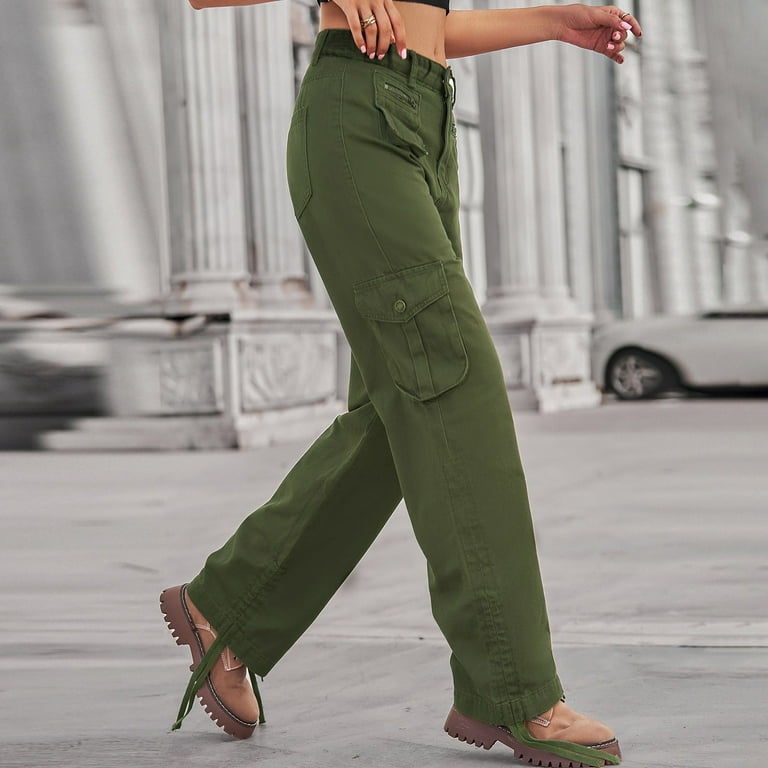 HIMIWAY Women's Pants Women's Casual Washed Denim Zipper Drawstring Multi  Pocket Cargo Pants Army Green L 