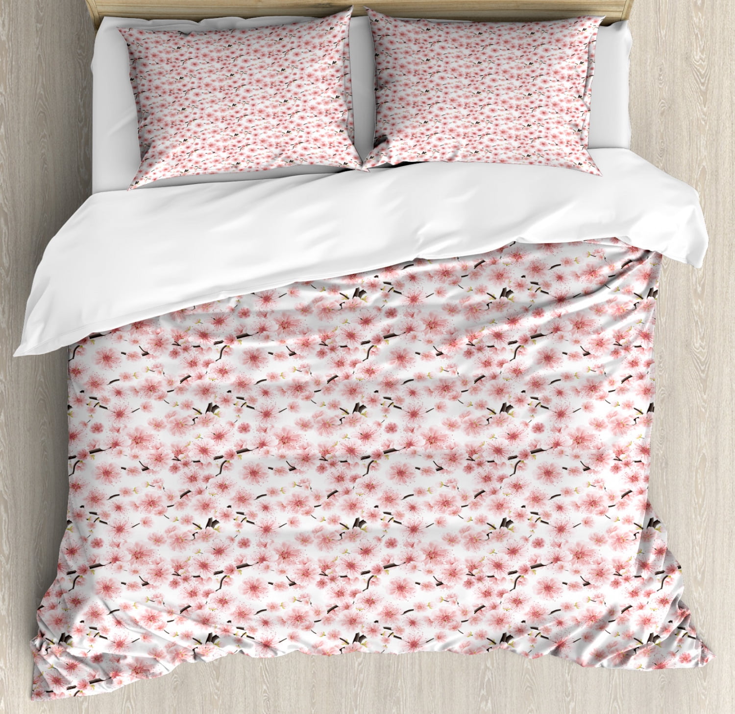 Cherry Blossom King Size Duvet Cover Set, 3D Illustrated Sakura Tree