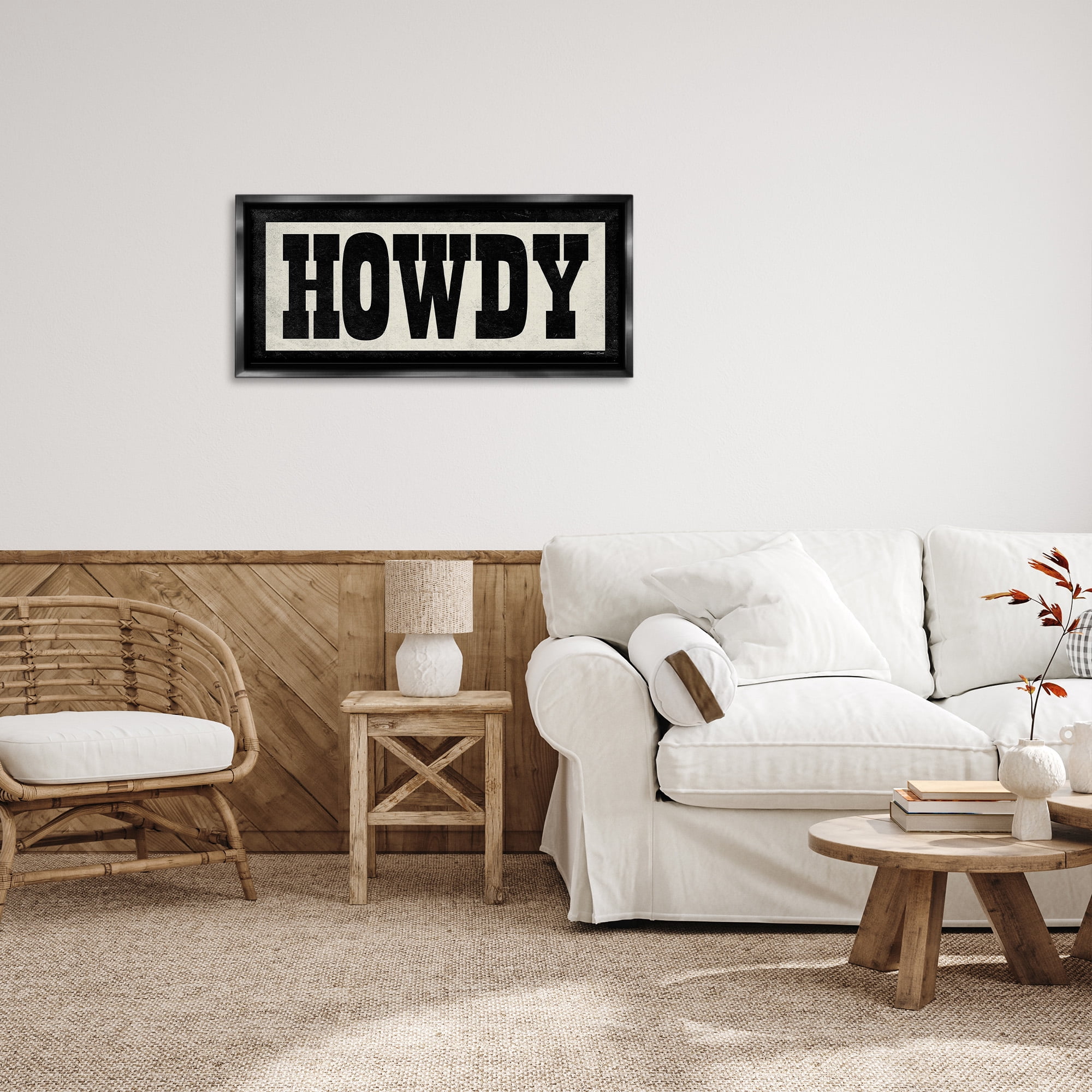 Stupell Industries Vintage Howdy Sign Typography Painting Black Floater Framed Canvas Art Print Wall Art, 31 x 14