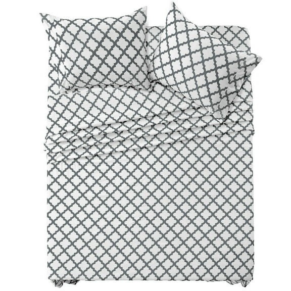 Lux Decor Full Size Bed Sheet Set 4 Piece, Soft Microfiber, Deep Pockets - Quatrefoil Pattern, 1 Fitted & 1 Flat Sheet, 2 Pillowcases, White