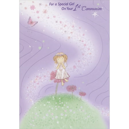 Designer Greetings Fairy Sitting on Pink Flower Among Swirling Sparkling Flowers 1st / First Communion Congratulations Card for Girl