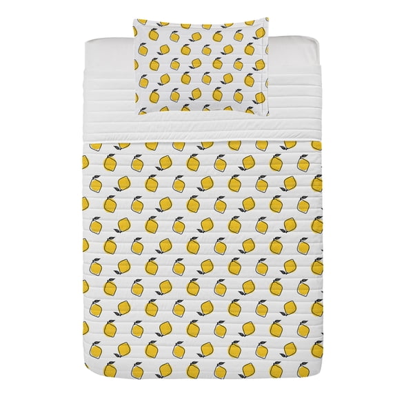 Yellow and White Microfiber Bedspread Set, Doodle Style Lemons with Leaves and Dots Fresh Juicy Fruit Pattern, Soft Bedding Set with Pillow Shams & Comforter, 3 Sizes, Yellow Black White, by Ambesonne