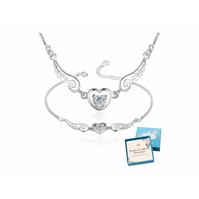 Collar Y Pulsera Alas Ángel Corazón Dije Plata Zircon Mujer Xtellar plateado