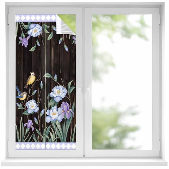 Spring Flowers Window Privacy Film,Blue Floral Leaves Birds Country Farm Wood Grain Static Cling UV Sun Blocking Window Tint Day and Night,Non-Adhesive One Way Privacy Cover 17.7''x39.3''