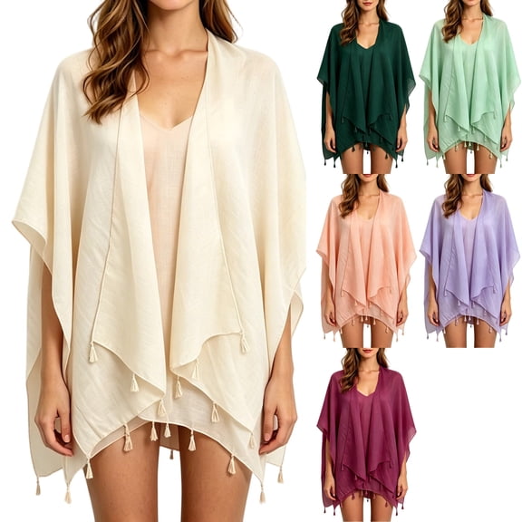 Women's Poncho Cape Beachwear Kimono Cover Up Open Front Draped Shawl Wrap Tassel Trim Lightweight for Travel Cruise Resort, Beige, Free Size