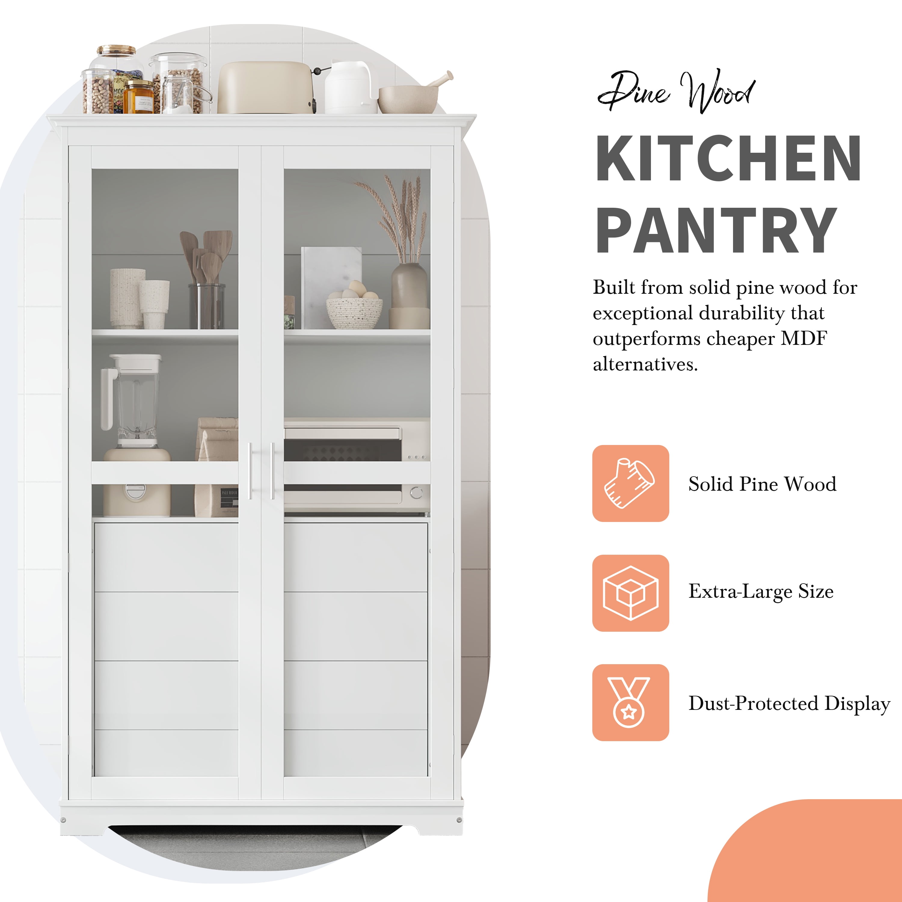 Harper & Bright Designs Farmhouse Kitchen Pantry Cabinet with Microwave Shelf, Tall Kitchen Storage Cabinet with Glass Door, Freestanding Hutch with 4 Built-in Drawers, 75", White