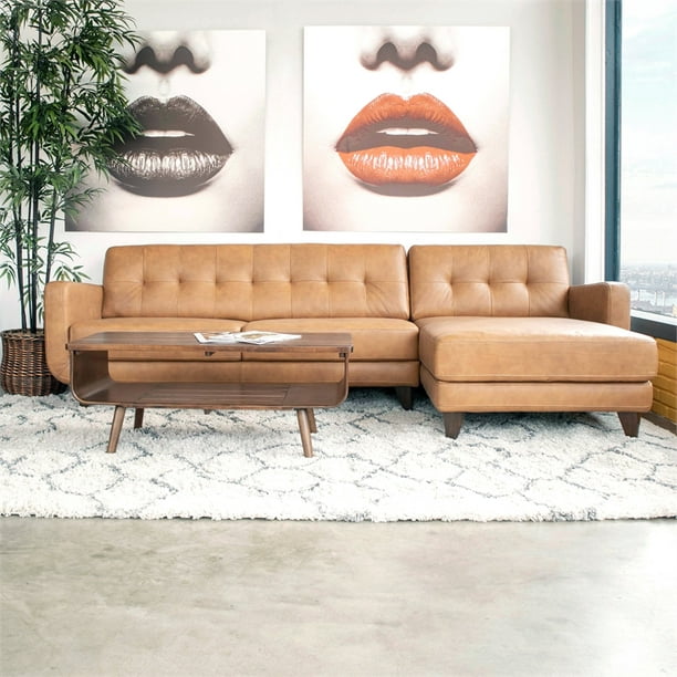 Mid Century Modern Davis Tan Genuine, Tan Leather Sectional Sofa