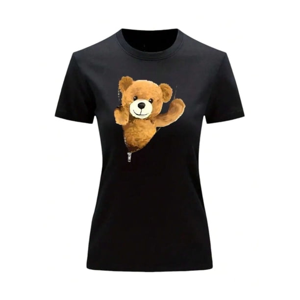 Playera Blusa De Oso De Peluche Saliendo Del Cierre Ropa Para Mujer Casual Color Negro Talla Mediana Marca Emil SaEs