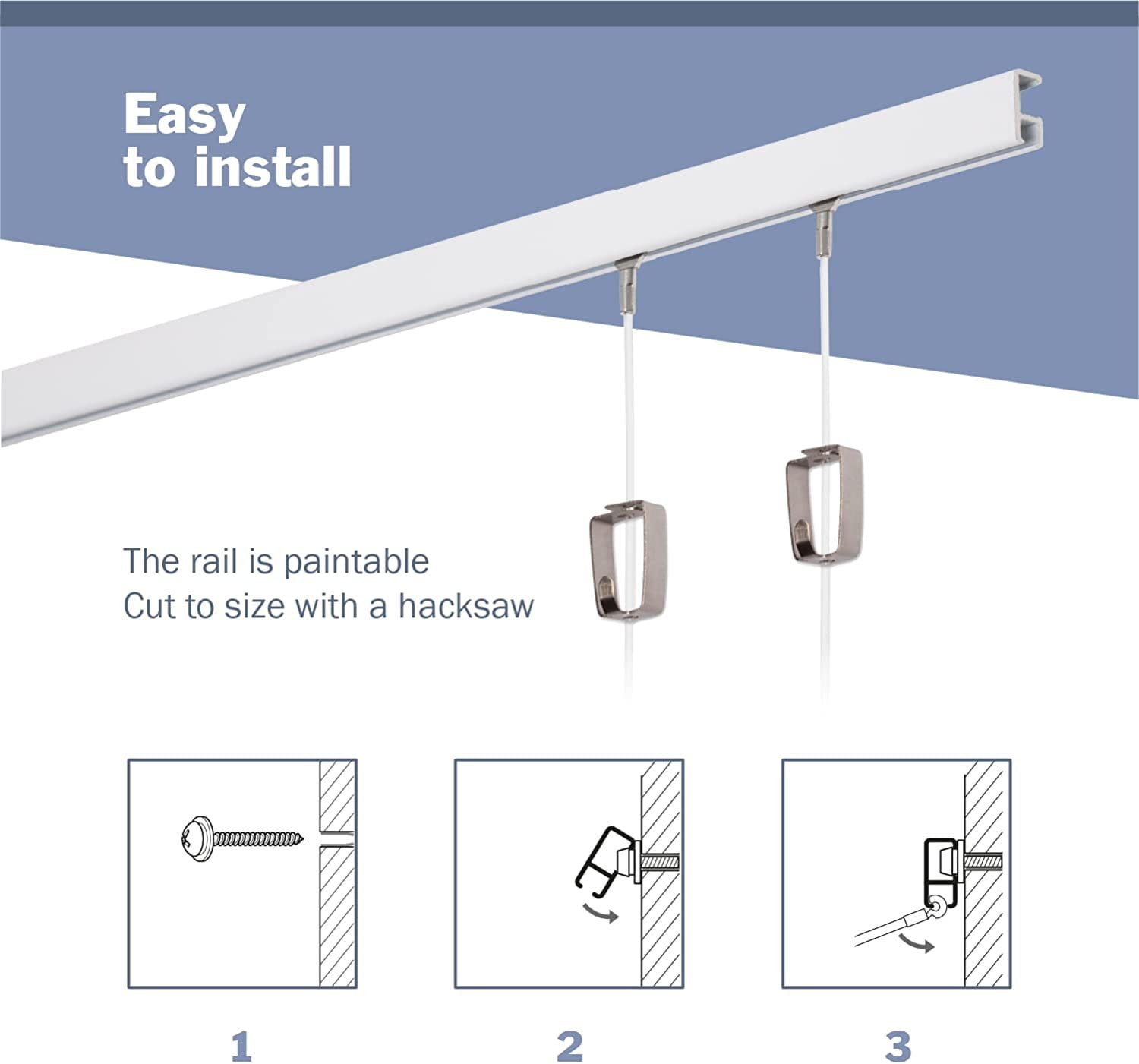 STAS Minirail Picture Hanging System Set - Covers 39.37 ft of Wall Space - Smallest Picture Rail & Art Hanging Gallery Kit for Art Display White Rails, Includes 16 Hooks & Cords