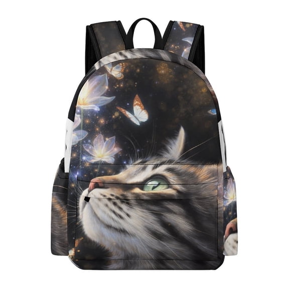 Patifu The Cat And The Glowing Flowers Printed Oxford Backpack, Large Capacity Laptop Backpack, Water Resistant, Travel Daypack for College Work Commuting Adults,