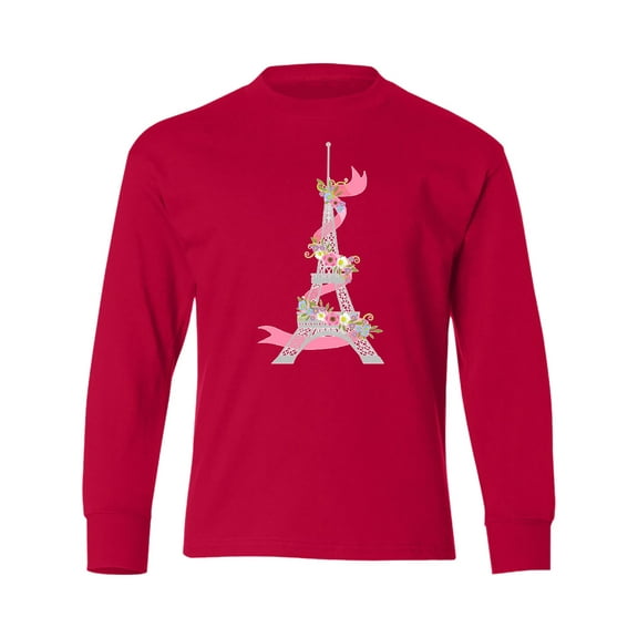 Inktastic Eiffel Tower in Paris with Flowers and Pink Banner Long Sleeve Youth T-Shirt