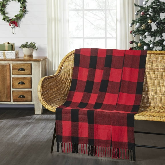 VHC Brands Christmas Decorations for Living Room Couch Sofa Bedding Harper Red Black Buffalo Check Woven Throw 50x60