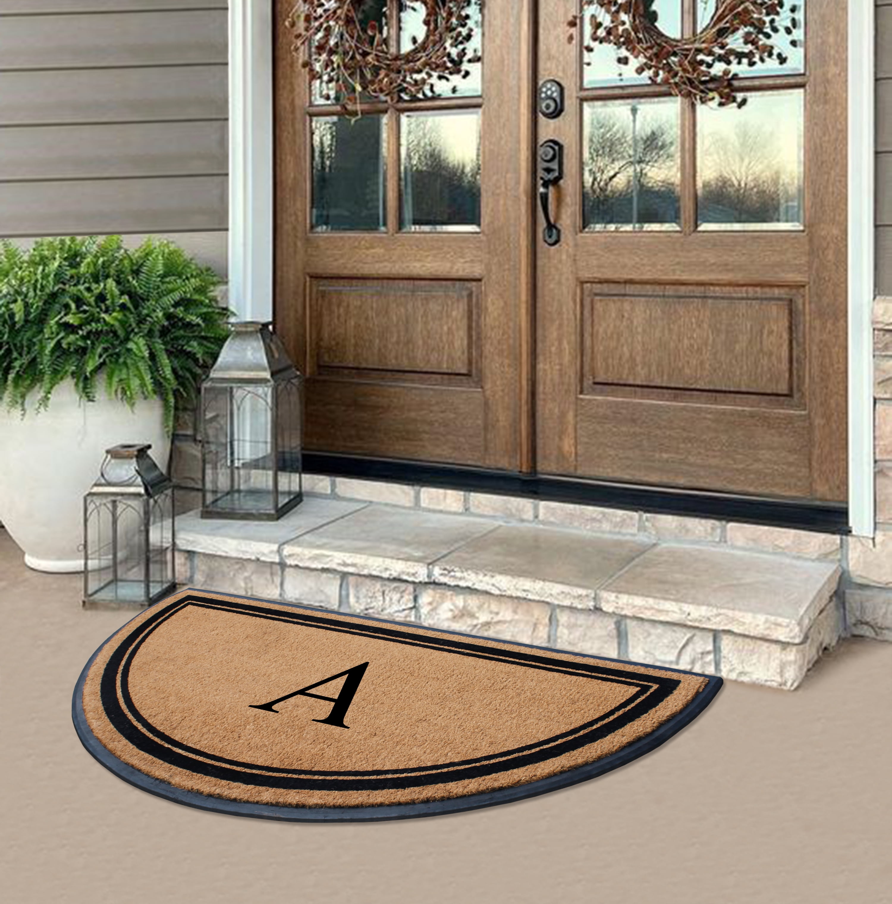 A1HC 36"x72" Natural Coir & Rubber Semicircular Monogrammed Door Mat, Thick, Durable, Heavy-Duty Welcome Mat for Front Door, Black Border