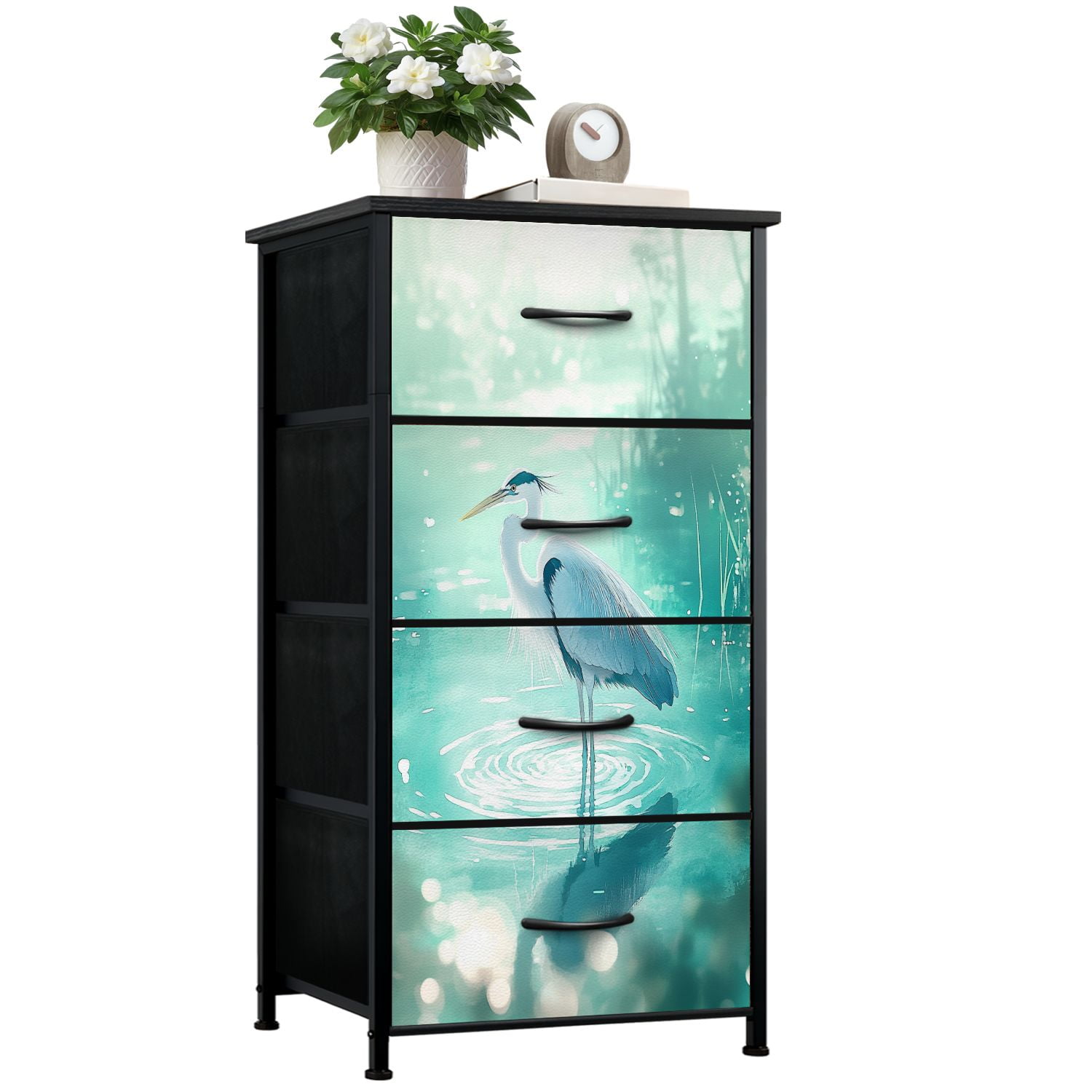 Dresser for Bedroom with 4 Storage Drawers Majestic Heron Watercolor Dreamy Teal Atmosphere Chest of Drawers Steel Framed Fabric Closet Organizers for Entryway
