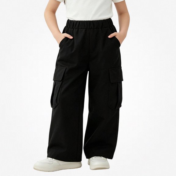 SGFCWSX Girls Cargo Pants, Wide Leg Loose Fit Streetwear Trousers with Pockets for School Activewear Black Size 7