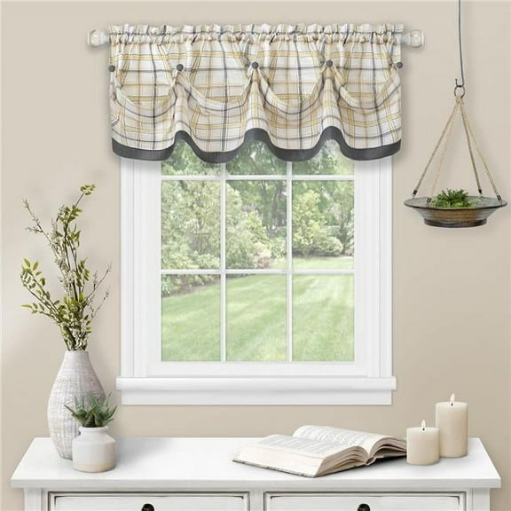 Tattersall Tuck Valance with Buttons - 58 x 14 in. - Grey