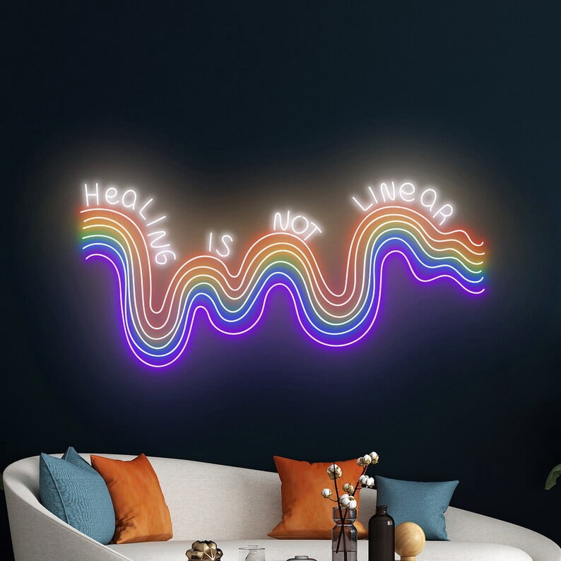 Handmadetneonsign Healing Is Not Linear Neon Sign, Positivity Wall Art Decor, Rainbow Wall Decor
