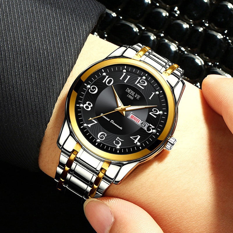 Men's watch with digital luminous display, dual calendar, alloy solid quartz watch, steel strap, waterproof, fashionable non-mechanical wristwatch for men