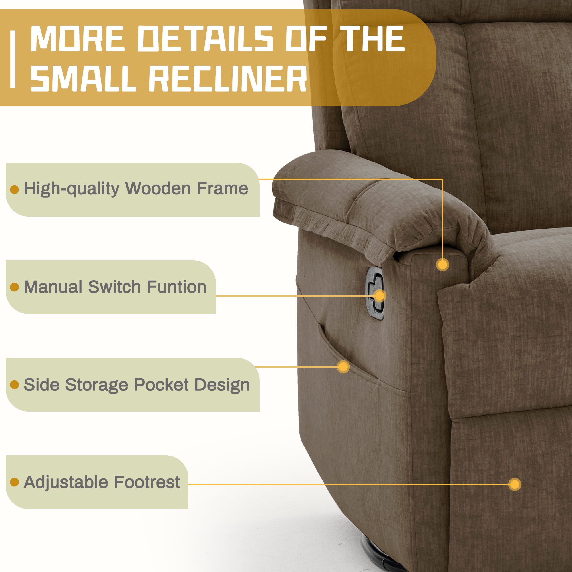 Korser 360°Swivel Recliner Chair for Adults with Side Pockets,Small Rocking Recliner for Small Spaces for Living Room,Nursery,Brown