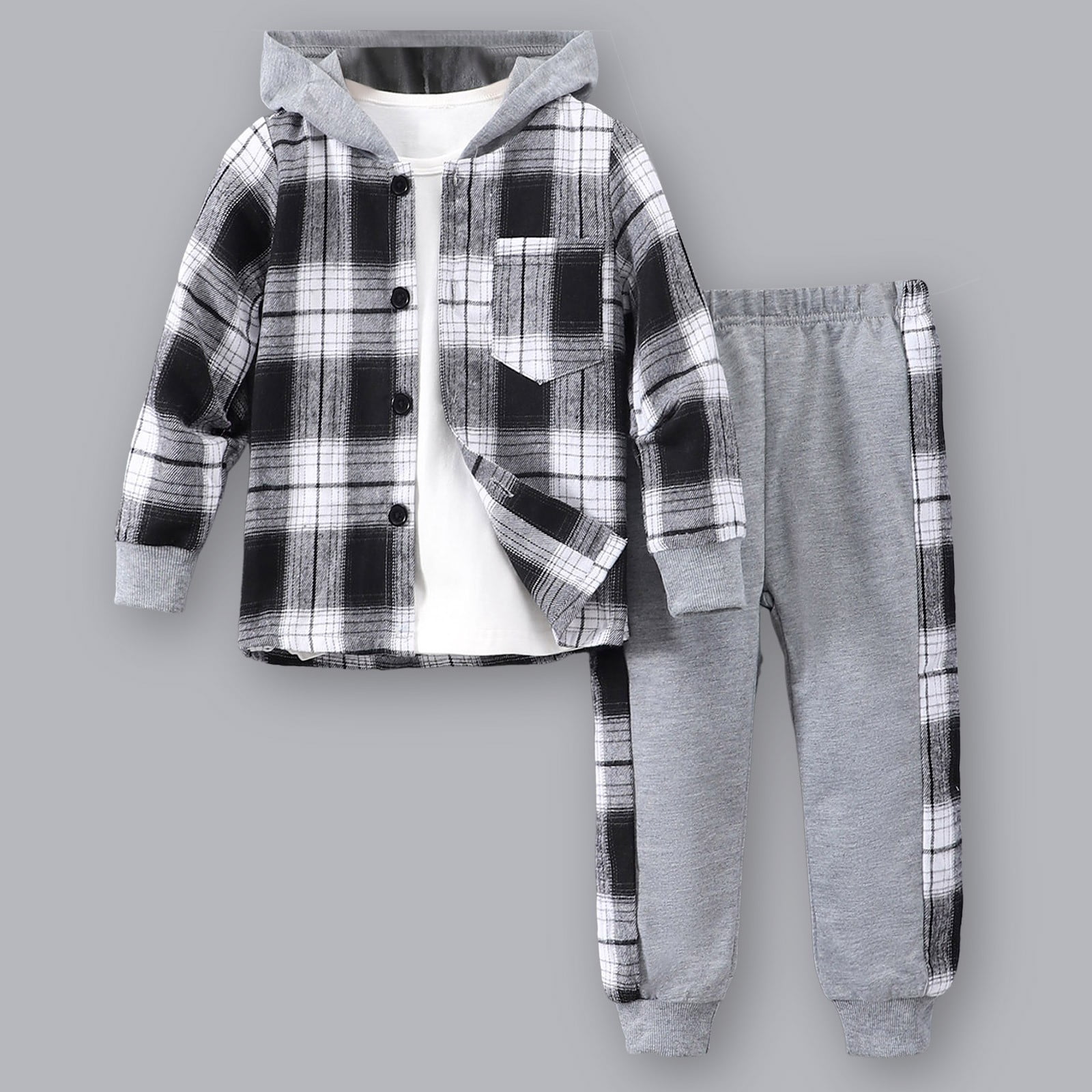 Boys 5T Summer Clothes 8 Year Old Boy Clothes Toddler Boy Clothes Plaid Hooded Shirt - 2 Piece Outfit: Button Front Toddler Hoodie & Sweatpants Set