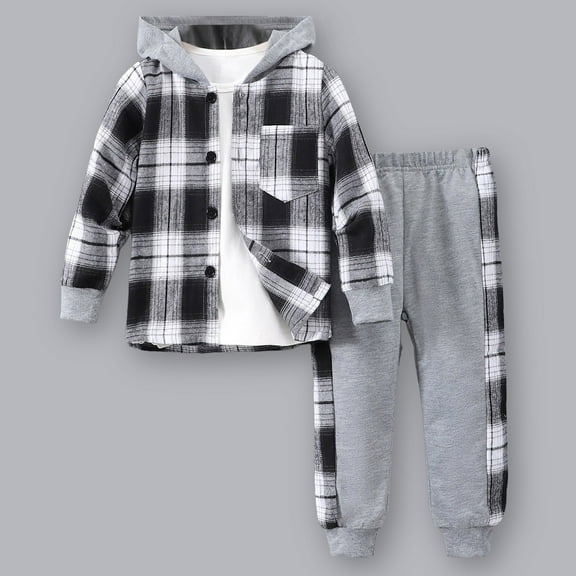 Boys Clothes Size 10-12 Youth Boys Clothes Plaid Hooded Shirt 2pcs Outfit: Button Front Toddler Fall Winter Hoodie & Jogger Set (4-8 years)