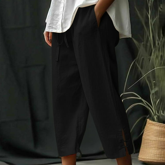 cllios Pantalon Capri à Jambe Grand en Coton et Lin pour Femme Été Taille Haute Pantalon Décontracté à Cordon Droit Pantalon Léger de Détente