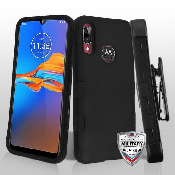 Motorola Moto E6 PLUS Phone Case Hybrid Armor HOLSTER [Three Layers] Kickstand [Carrying Belt Swivel Clip Holster] Protective Drop-Proof Rubber TPU Rugged BLACK Cover for Motorola Moto E6 Plus