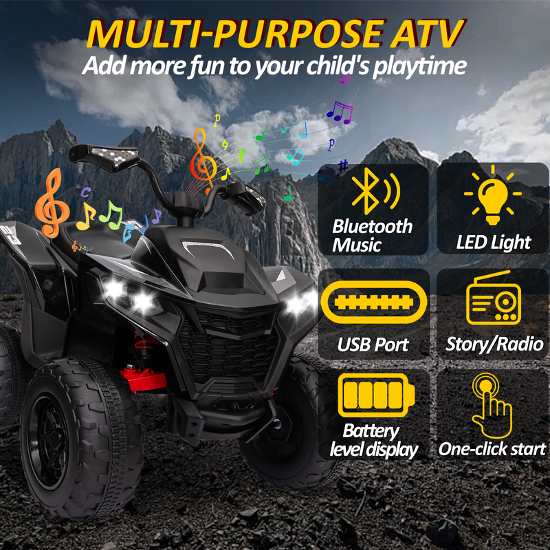 Kids ATV 4 Wheeler, 24V 2 Seater Electric ATV Quad w/4WD Motor, Protective Gear Set, Bluetooth, LED Lights, Spring Suspension, Battery Powered Ride on Toys for Big Kids, Boys, Girls, Christmas, Black