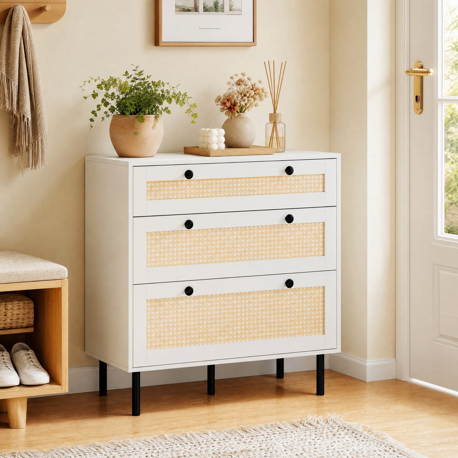 Furnibear 3-Drawer Rattan Nightstand Boho Chest of Drawers for Bedroom for Bedroom Closet Living Room Nursery Clothes Storage, White