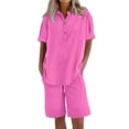 thumbnail image 4 of Womens Summer Outfits Cotton Linen Short Sleeve Button Down Shirt with Bermuda Shorts 2 Piece Lounge Set with Pockets Pink S, 4 of 6
