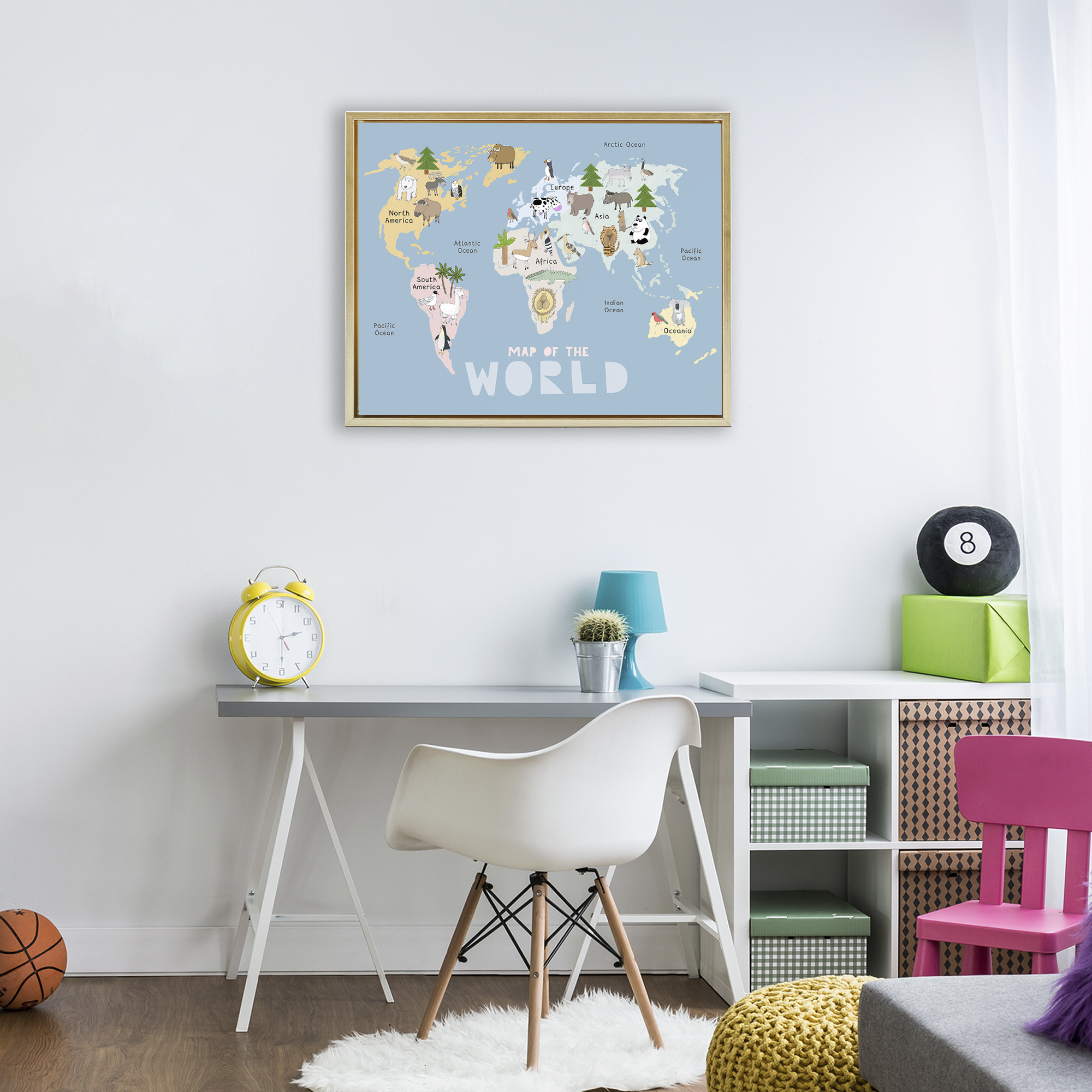 Kid's Map Of World Blue Gold Framed Floater Canvas Wall Art, design by Carla Daly