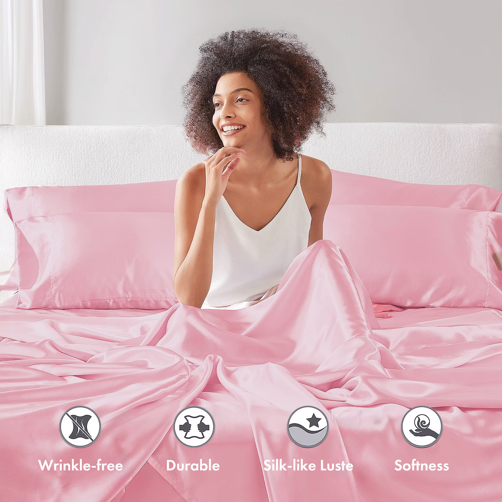 TURKIO Satin Sheets Queen Silk Sheets Pink Bed Sheet Set,4 Pieces 1800 Microfiber 2 Pillowcase 20"x30"