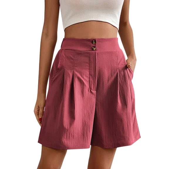 oqasdz Women's High Waisted Bermuda Shorts Button Detail Pleated Solid Color Wide Leg Shorts with Side Pockets Casual Summer Wear