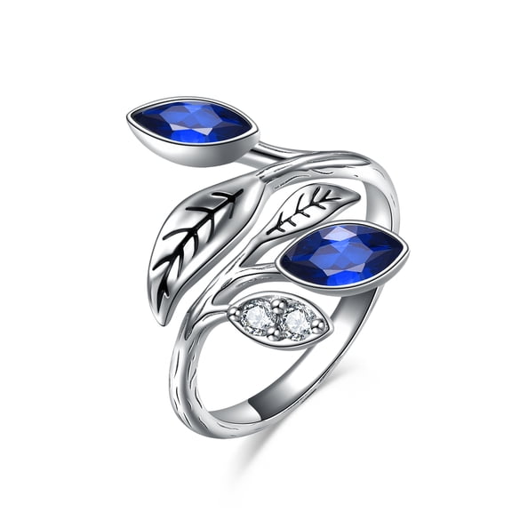 Blue Sapphire Leaf Ring Sterling Silver September Birthstone Ring Jewelry Gift Adjustable Rings for Women Birthday Christmas Day Gifts