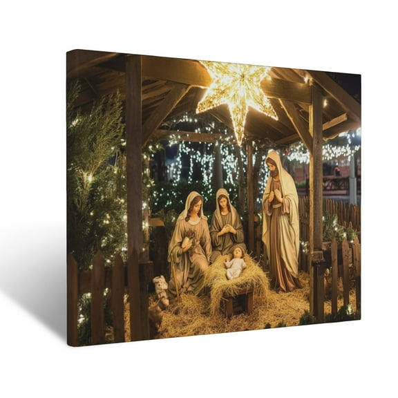 CozyNet The Nativity Scene Under A Glowing Star, With Mary, Joseph & Baby Jesus In A Humble Stable Wall Art Prints With Frame Canvas Perfect for Living Room & Bedroom, Wall Decor 12"x16"