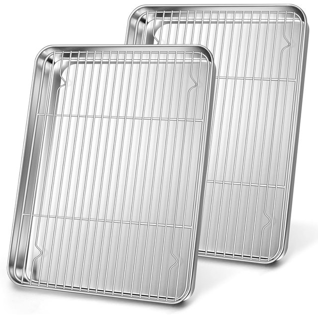 4Pcs Baking Sheet with Rack Set (16 Inch), Joyfair Stainless Steel Oven Baking Pan Tray & Cooling Racks for Cookie/Jelly Roll/Bacon/Meat, Healthy & Commercial Metal, Rust-Free & Dishwasher Safe