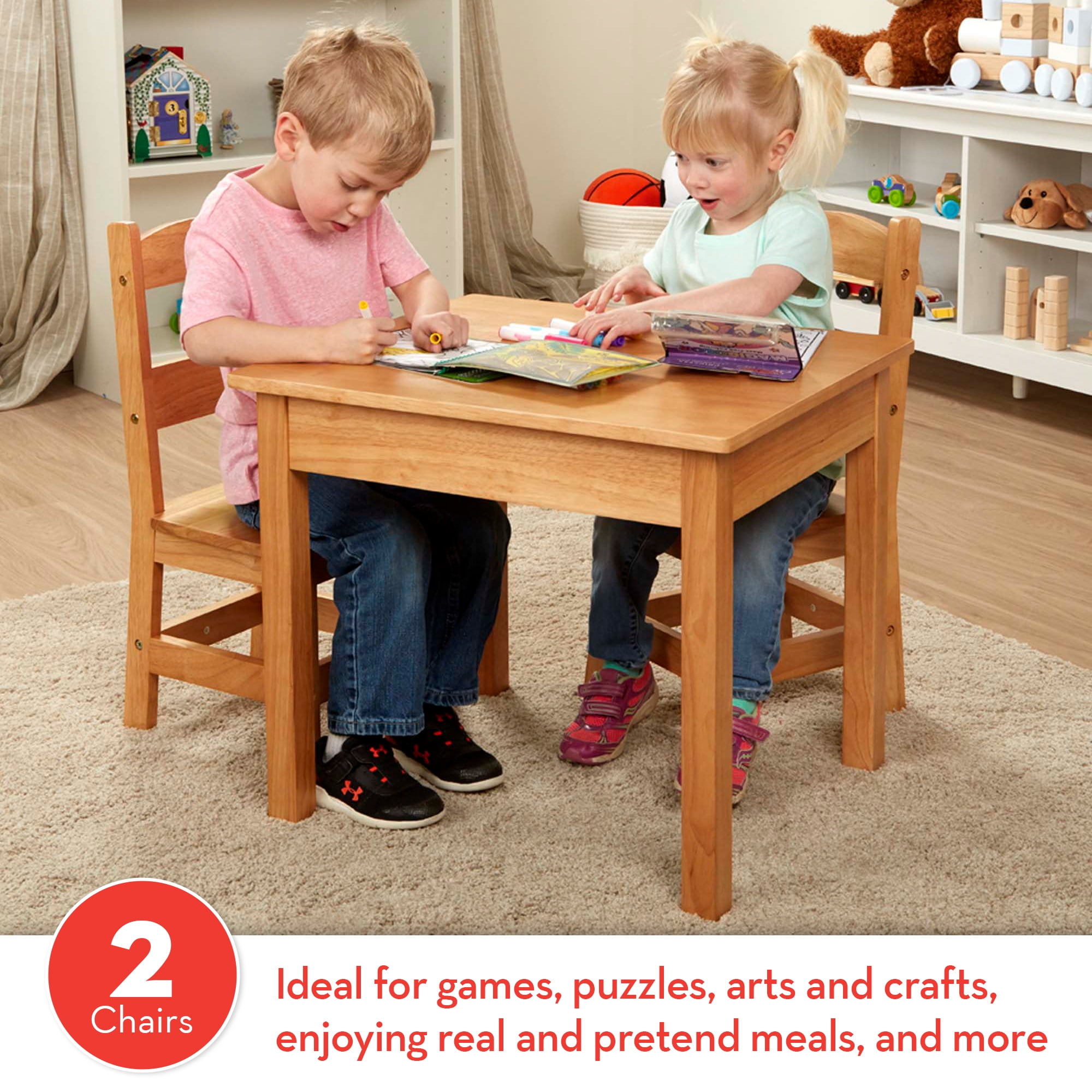 Melissa Doug Solid Wood Table and 2 Chairs Set Light Finish Furniture for Playroom Walmart