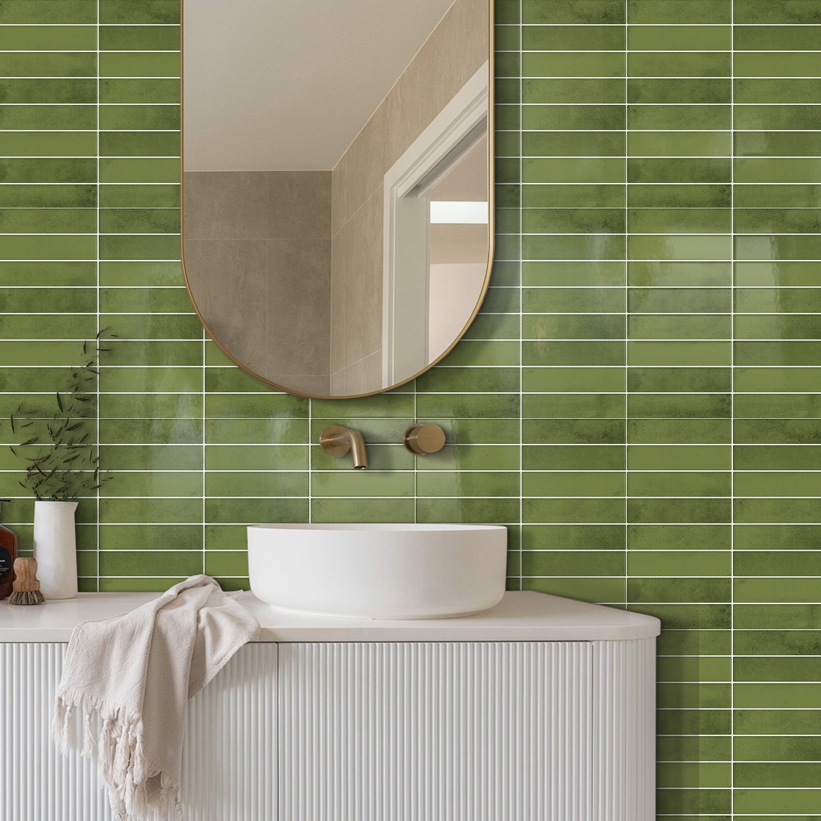 DEWOO 10 Sheet Thicker Peel and Stick Backsplash Tile,3D Self Adhesive Wall Tiles Stick on Backsplash for Kitchen,Bathroom,Camper (12"×12",Grass Green)