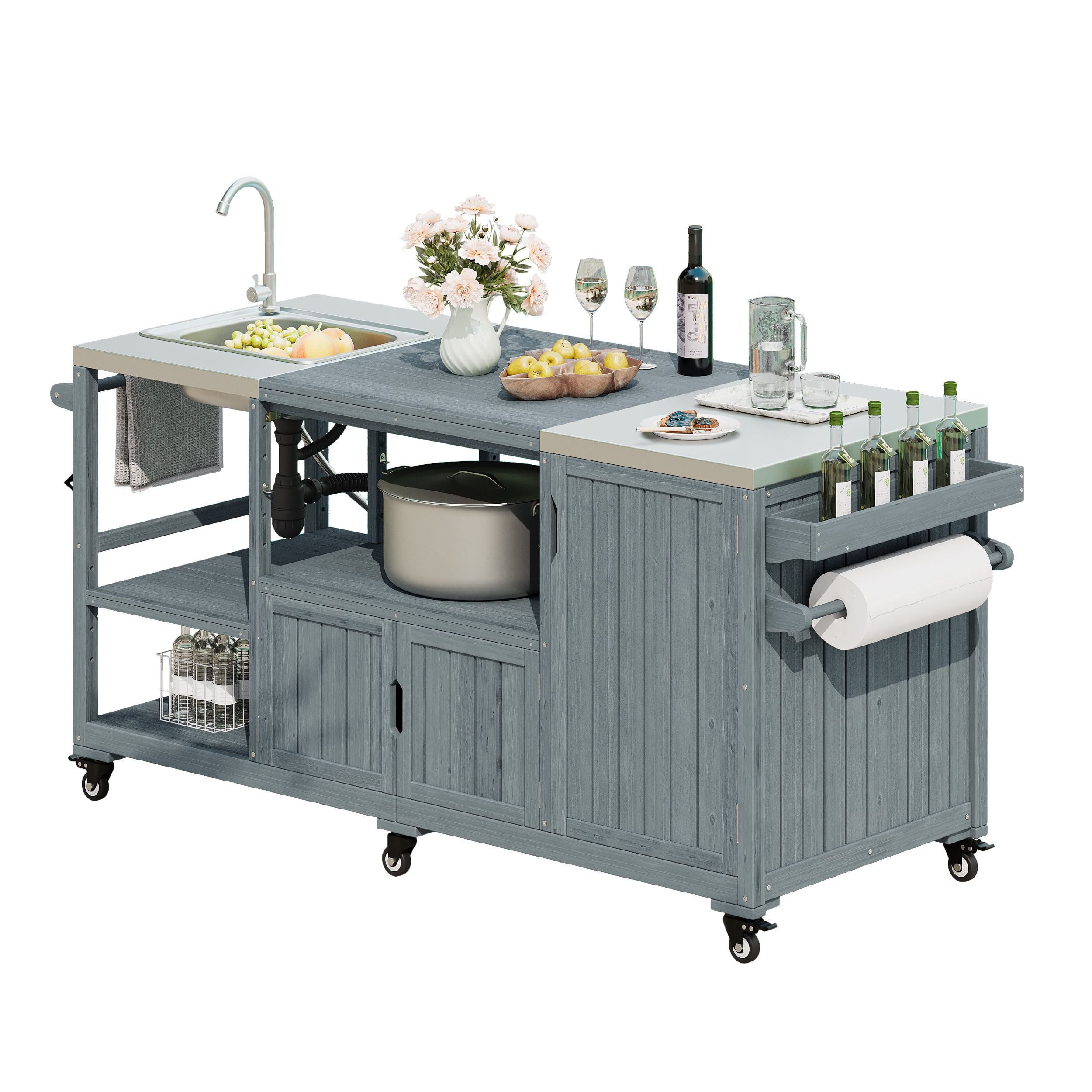 Euroco 75.4" Outdoor Kitchen Island with Sink, Solid Wood Outdoor Grill Cart for Big Green Egg Grills, Rolling Outdoor Bar Cart with Stainless Steel Top, for Pizza Prep & BBQ