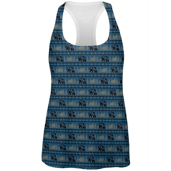Grizzly Bear Adirondack Pattern Blue All Over Womens Work Out Tank Top Multi MD