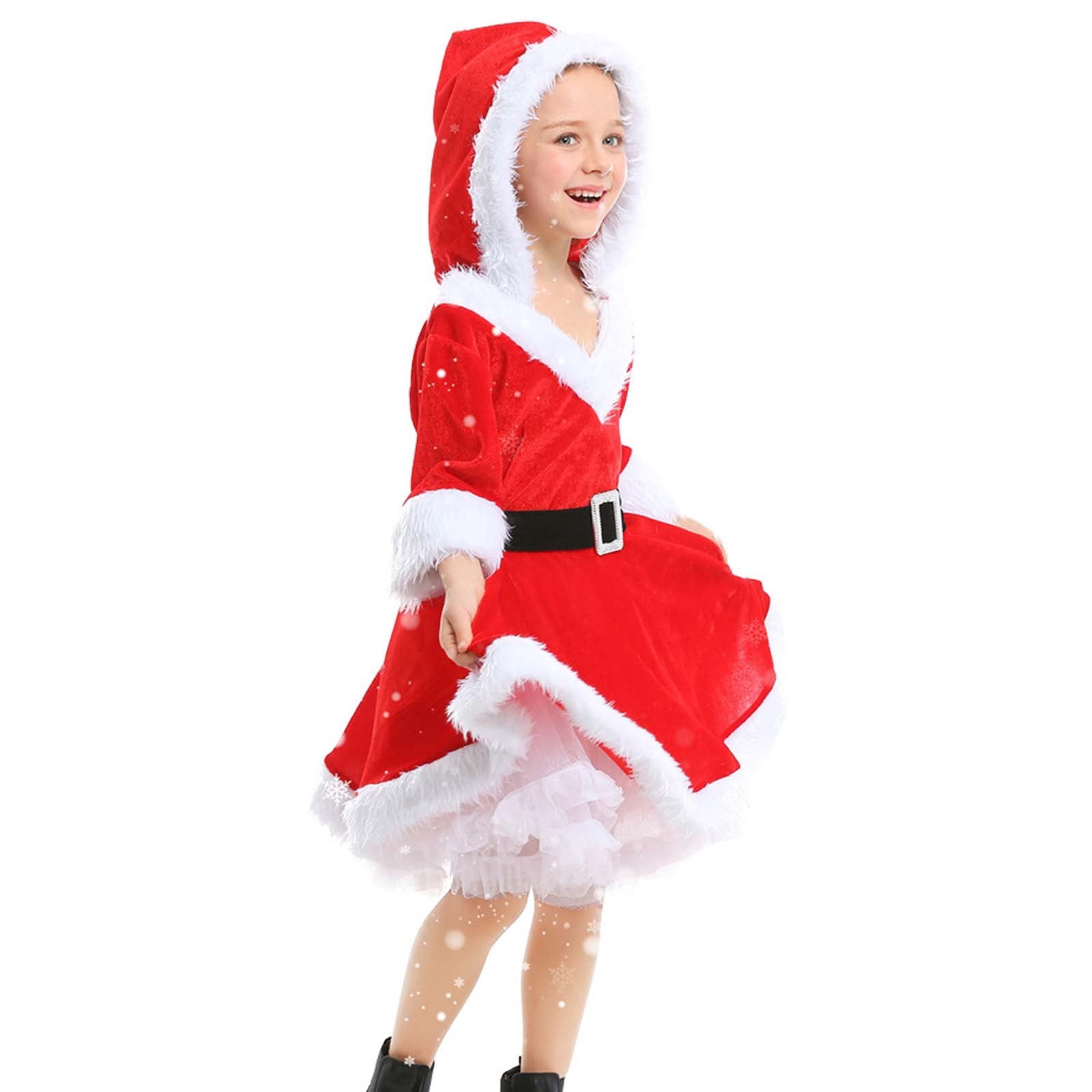 GEZHEN Girls Christmas Mrs. Santa Claus Costume Red Velvet Hoodie Dress Girls Tulle Fall Winter Long Sleeve Hat Holiday Party Dress with Belt 4-14 Years