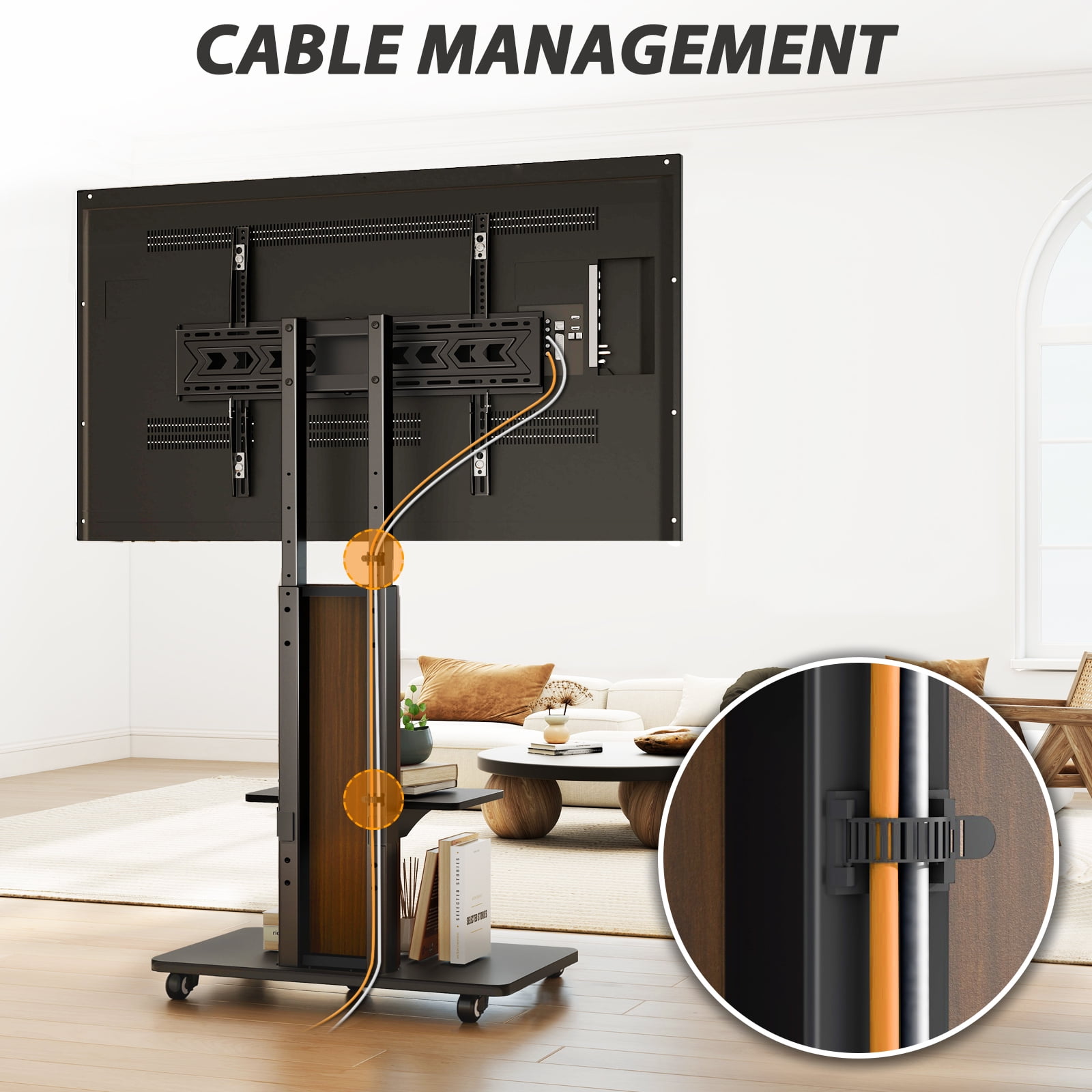 TAVR Heavy Duty Rolling TV Stand for 55-90 inch Large TVs up to 150 lbs, Universal Tall TV Stand with Mount, Height Adjustable TV Floor Stand with Large Storage Shelf for Living Room, Black