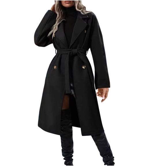 HTNBO Women's Trendy Lapel Collar Double Breasted Wool Blend Coats Winter Pea Overcoat Pocketed Outwear with Belt