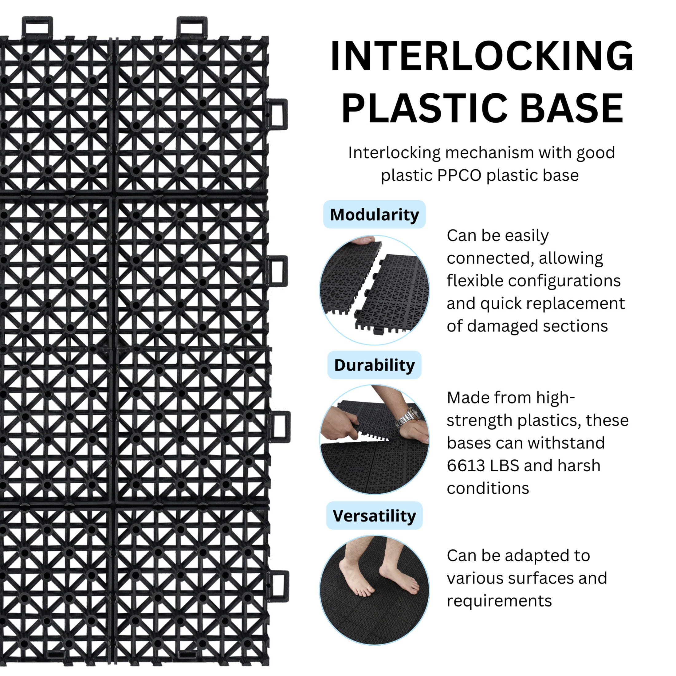Noble House 12" Rosette Plastic Waterproof Interlocking Deck Tiles, Heavy Duty, Anti-slip Bathroom, Black, 12 PCS